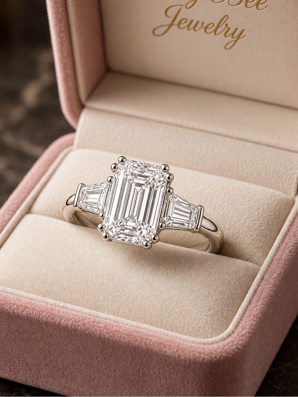 S925 Sterling Silver Emerald-Cut Three-Stone White Moissanite Solitaire Ring.